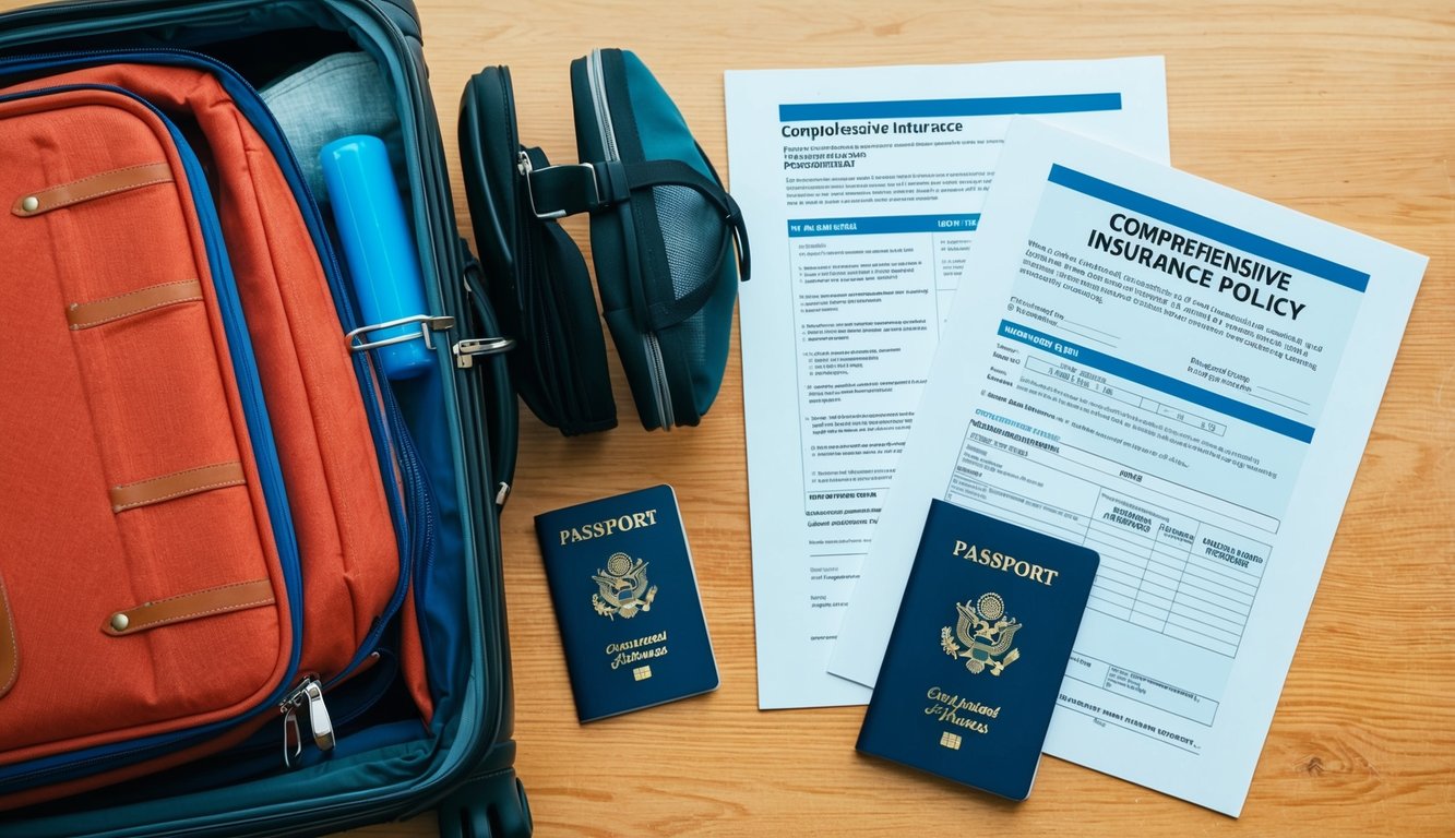 A suitcase packed with travel essentials, a passport, and a comprehensive insurance policy document laid out on a table