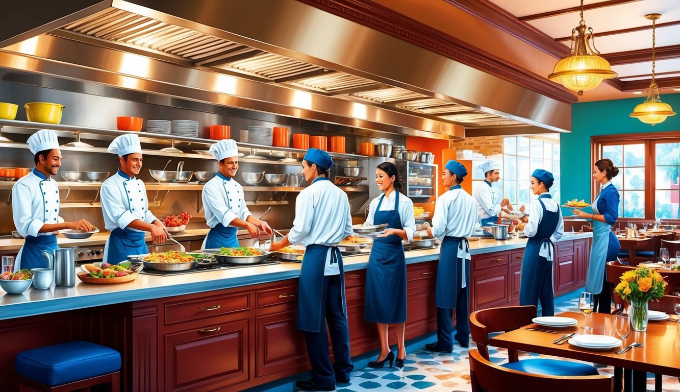 A bustling restaurant kitchen with chefs preparing food, while servers attend to customers in a lively and well-decorated dining area