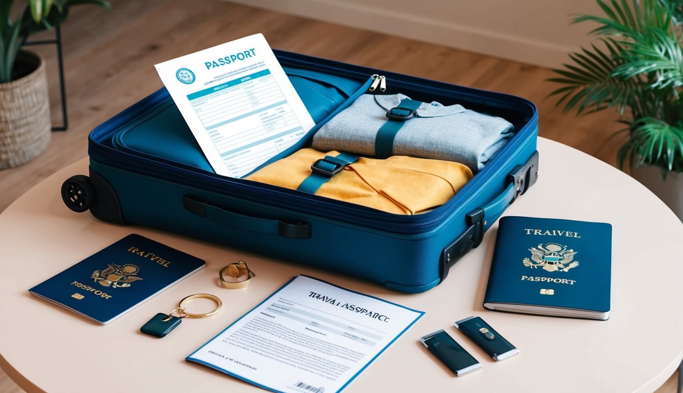 A suitcase packed with clothes and travel essentials, a passport, and a travel insurance policy document on a table