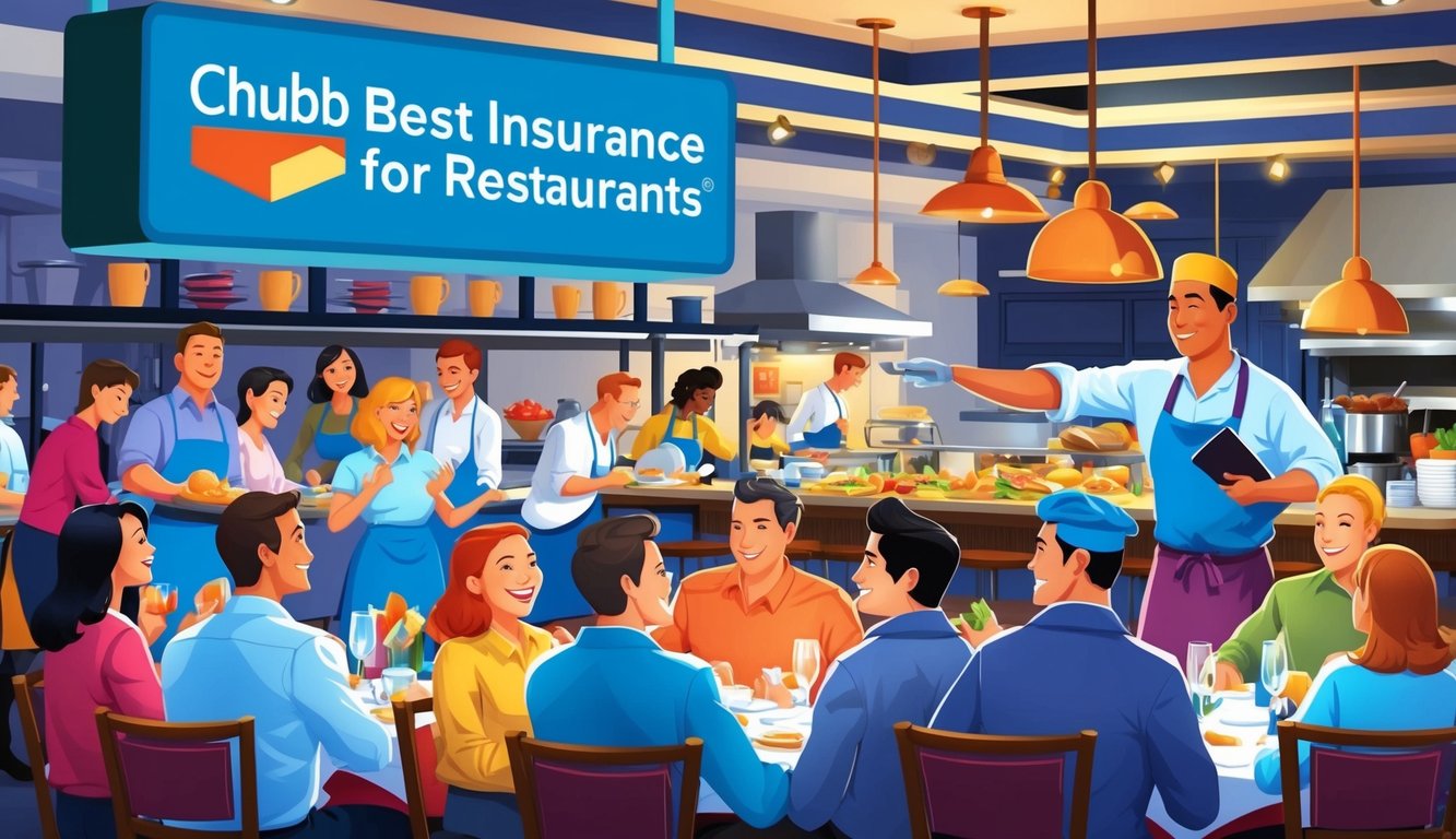 A bustling restaurant with happy diners, a busy kitchen, and a sign displaying "Chubb Best Insurance for Restaurants" prominently