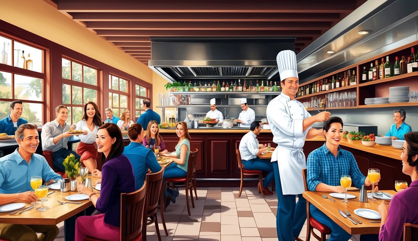 A bustling restaurant with happy diners, a well-stocked bar, and a chef preparing delicious dishes in the open kitchen