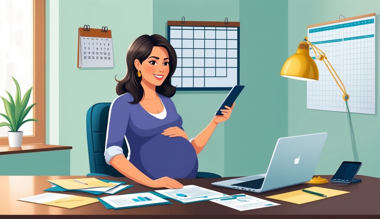 Pregnant woman at desk with laptop and phone, smiling