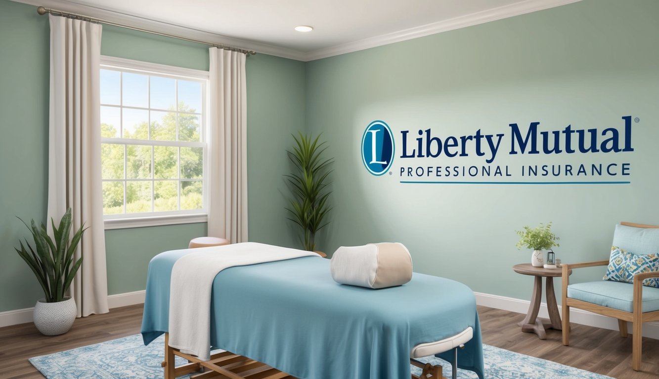 A serene massage therapy room with calming decor and a Liberty Mutual Professional Insurance logo displayed prominently