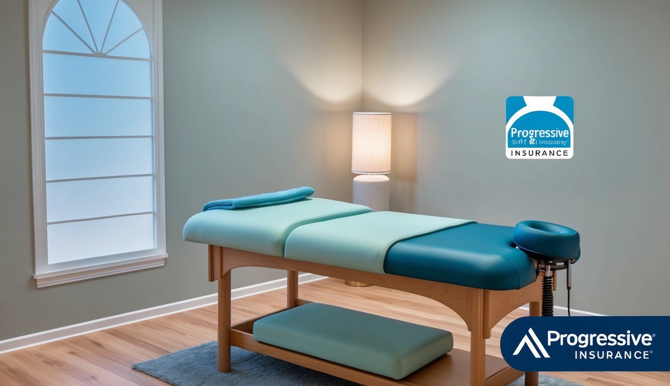 A serene massage room with a massage table, soft lighting, and calming decor.</p><p>A Progressive Insurance logo is subtly displayed in the corner