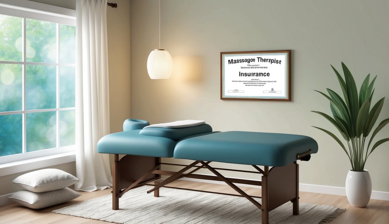 A serene massage room with a cozy table, soft lighting, and a tranquil atmosphere.</p><p>A massage therapist's insurance certificate prominently displayed on the wall