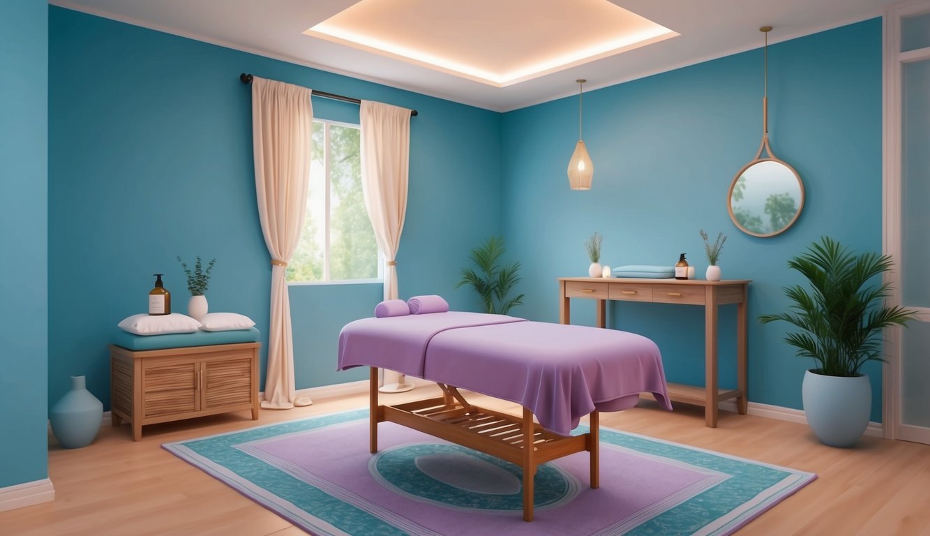 A serene massage room with soft lighting and a massage table set up, surrounded by calming decor and soothing aromatherapy