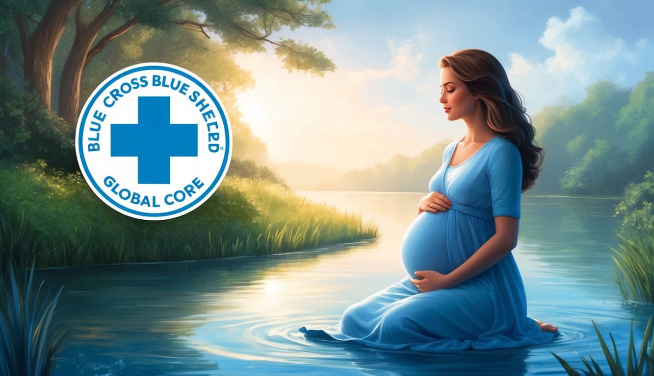 A serene, tranquil setting with a symbol of Blue Cross Blue Shield Global Core and a prominent representation of pregnancy