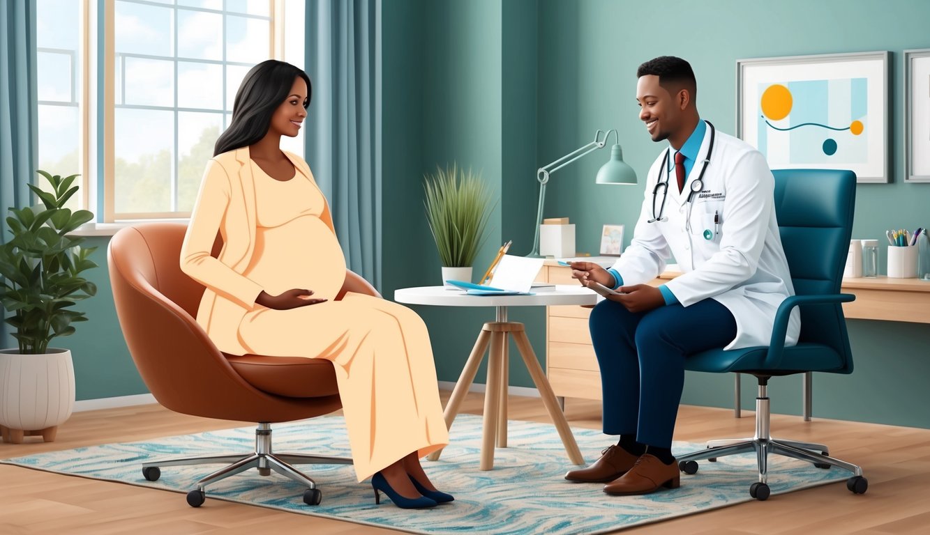 A pregnant woman sitting in a cozy, modern doctor's office, discussing maternity plans with a caring Kaiser Permanente representative