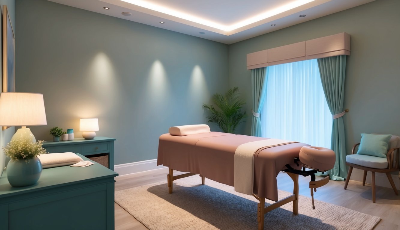 A serene massage therapy room with soft lighting, a comfortable massage table, and soothing decor