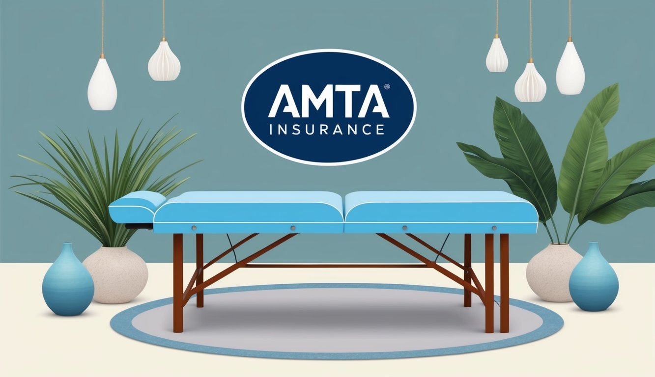 A massage table surrounded by calming decor, with the AMTA Insurance logo displayed prominently