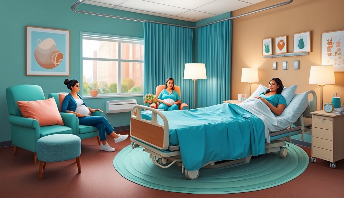 A serene hospital room with a cozy, warm atmosphere and a comforting, supportive environment for expectant mothers receiving care