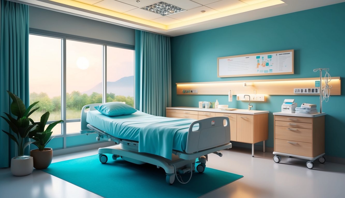 A serene, modern hospital room with a comfortable bed, soft lighting, and a nurturing environment for expectant mothers