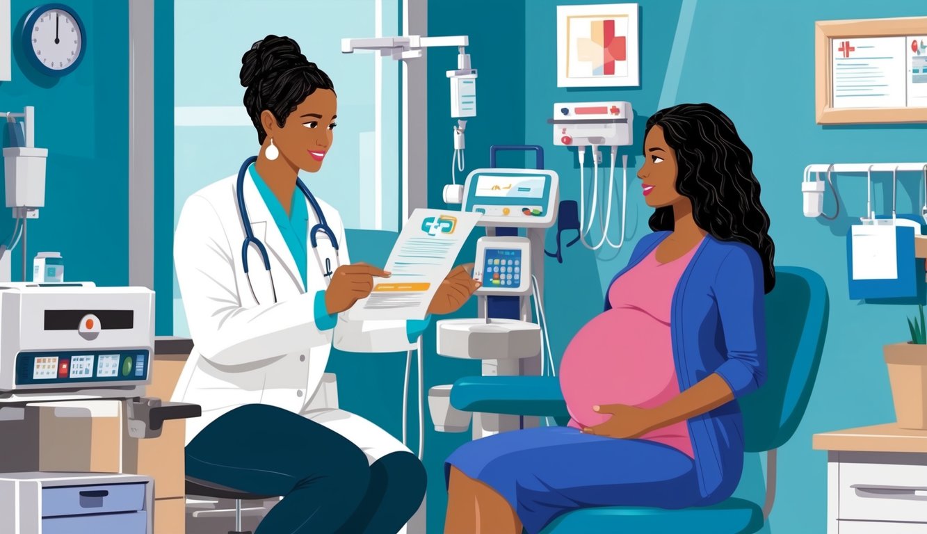 A pregnant woman sitting in a doctor's office, surrounded by medical equipment and receiving information about Medicaid pregnancy coverage