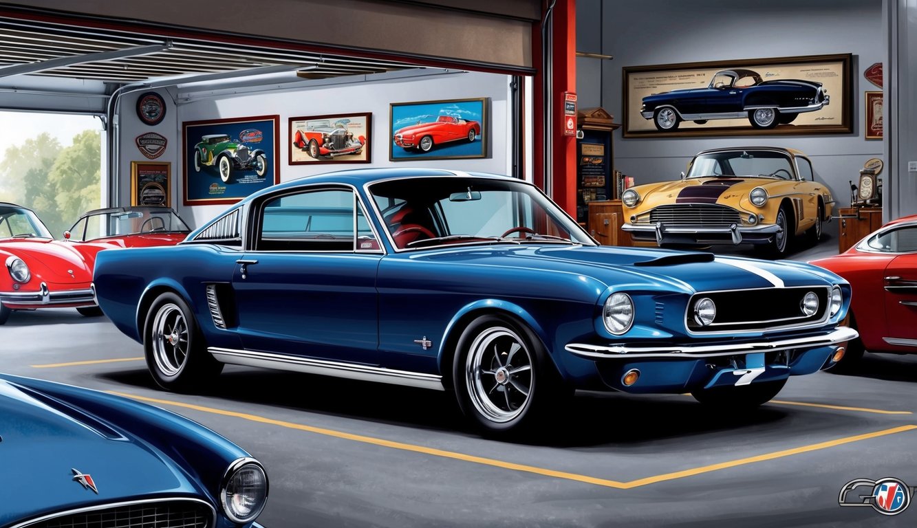Blue classic Mustang in a garage with other vintage cars