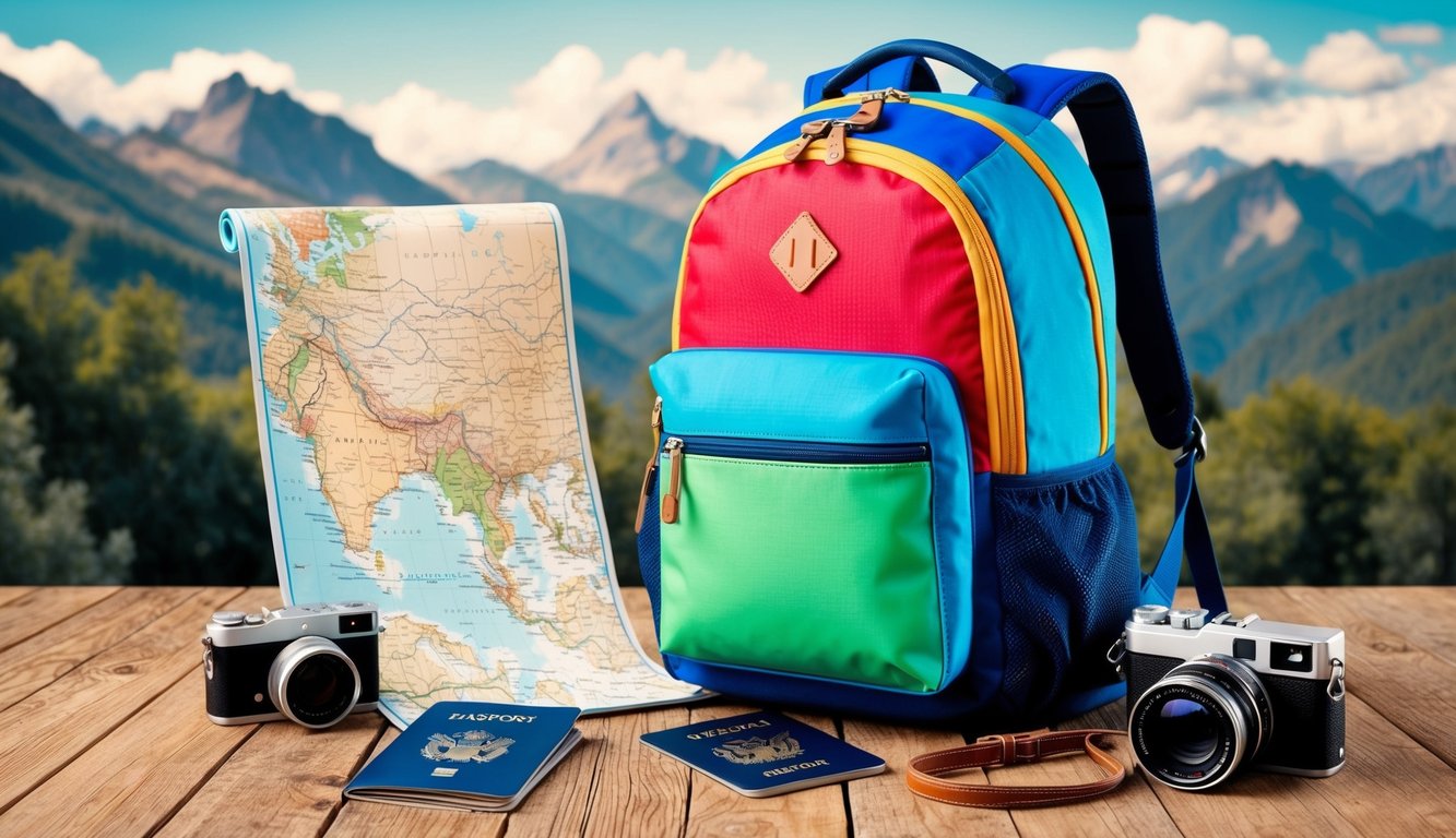 A colorful backpack surrounded by travel essentials like a map, passport, and camera, with a mountainous landscape in the background