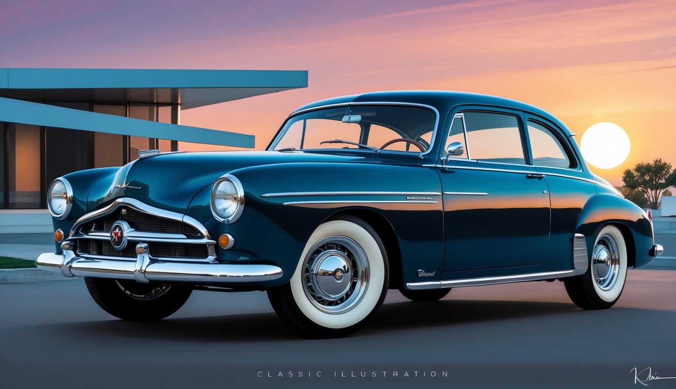 A vintage American classic car parked in front of a sleek modern building, with the sun setting in the background