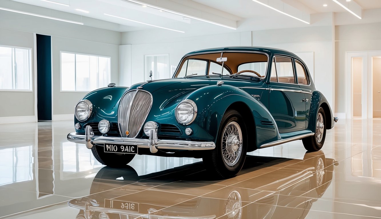 A vintage classic car parked in a well-lit showroom, surrounded by polished floors and bright, clean walls