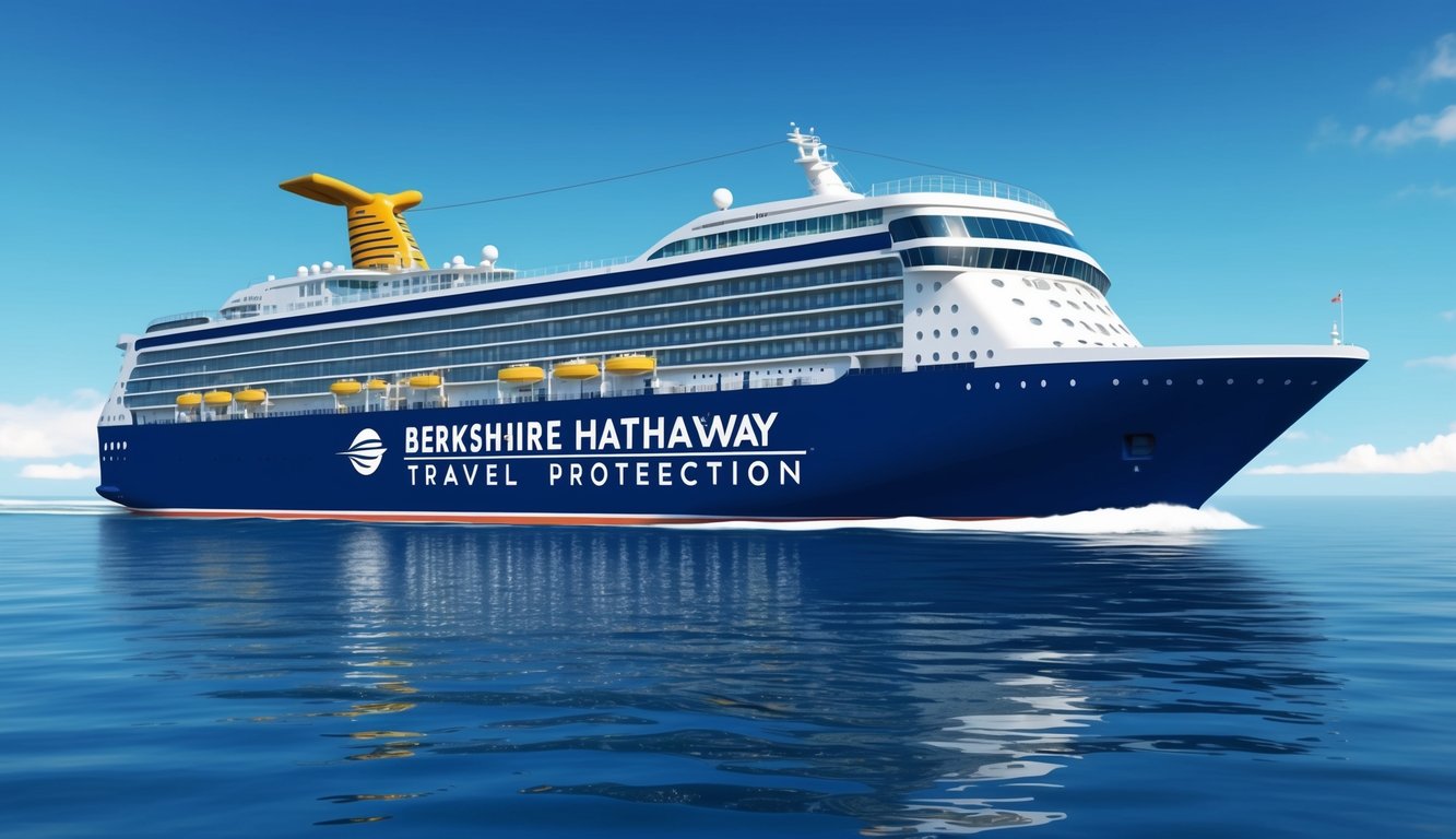 A cruise ship sailing through calm waters under a clear blue sky, with the Berkshire Hathaway Travel Protection logo prominently displayed on the side of the ship