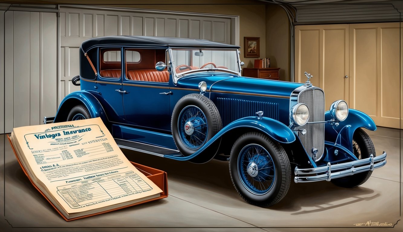 An antique car parked in a garage, with a vintage insurance brochure nearby