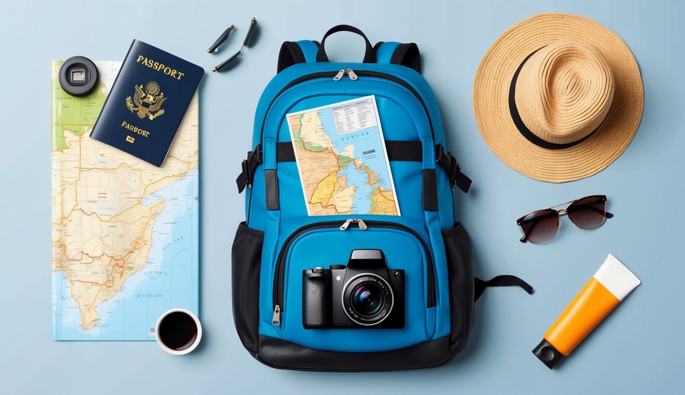 A backpack with a passport, map, and camera, surrounded by travel essentials like a hat, sunglasses, and sunscreen