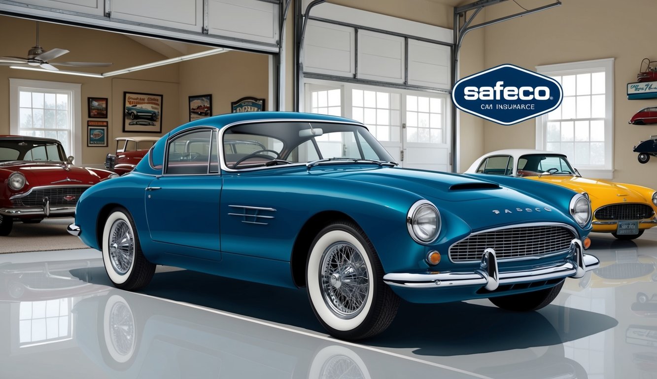 A vintage classic car parked in a pristine garage, surrounded by vintage car memorabilia and a Safeco Classic Car Insurance logo displayed prominently