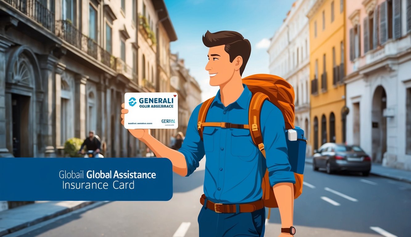 A backpacker exploring a foreign city with a Generali Global Assistance insurance card in hand