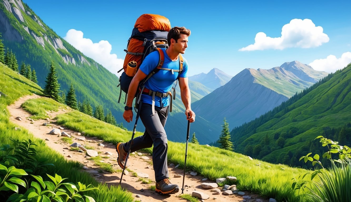 A backpacker trekking through a mountainous landscape, with a backpack and hiking gear, surrounded by lush greenery and a clear blue sky