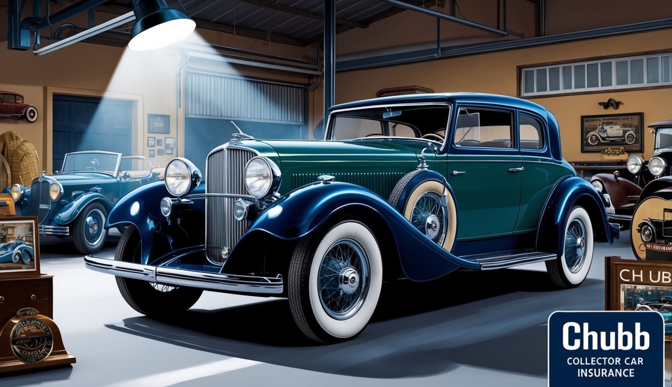 A vintage car parked in a garage with a spotlight shining on it, surrounded by antique car memorabilia and a sign for CHUBB Collector Car Insurance