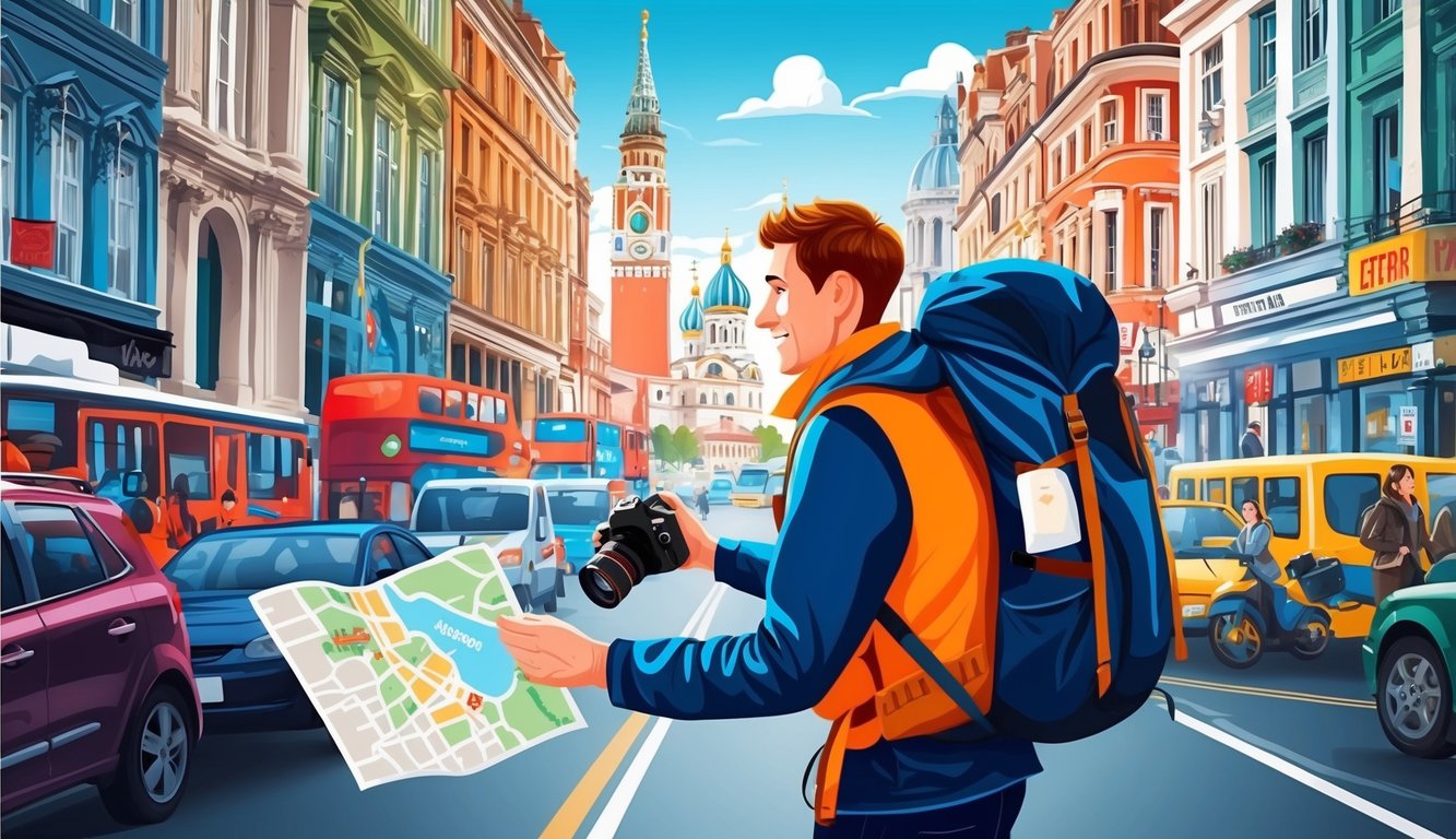 A backpacker exploring a foreign city, with a map and camera in hand, surrounded by iconic landmarks and bustling streets