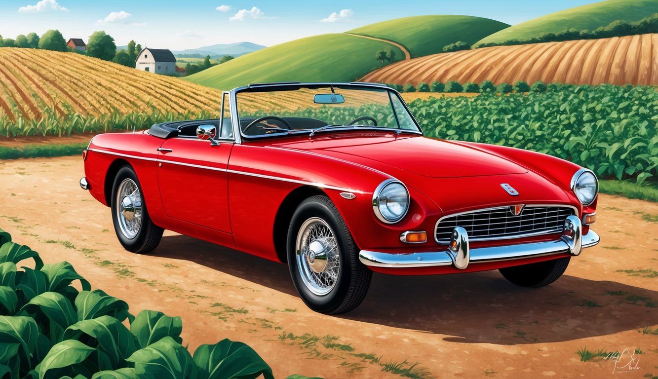 A vintage red convertible classic car parked in a rustic farm setting, surrounded by rolling hills and fields of crops