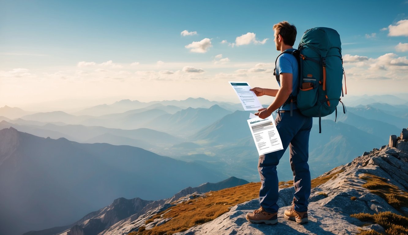 A backpacker standing on a mountain peak, overlooking a vast landscape, with a travel insurance policy in hand