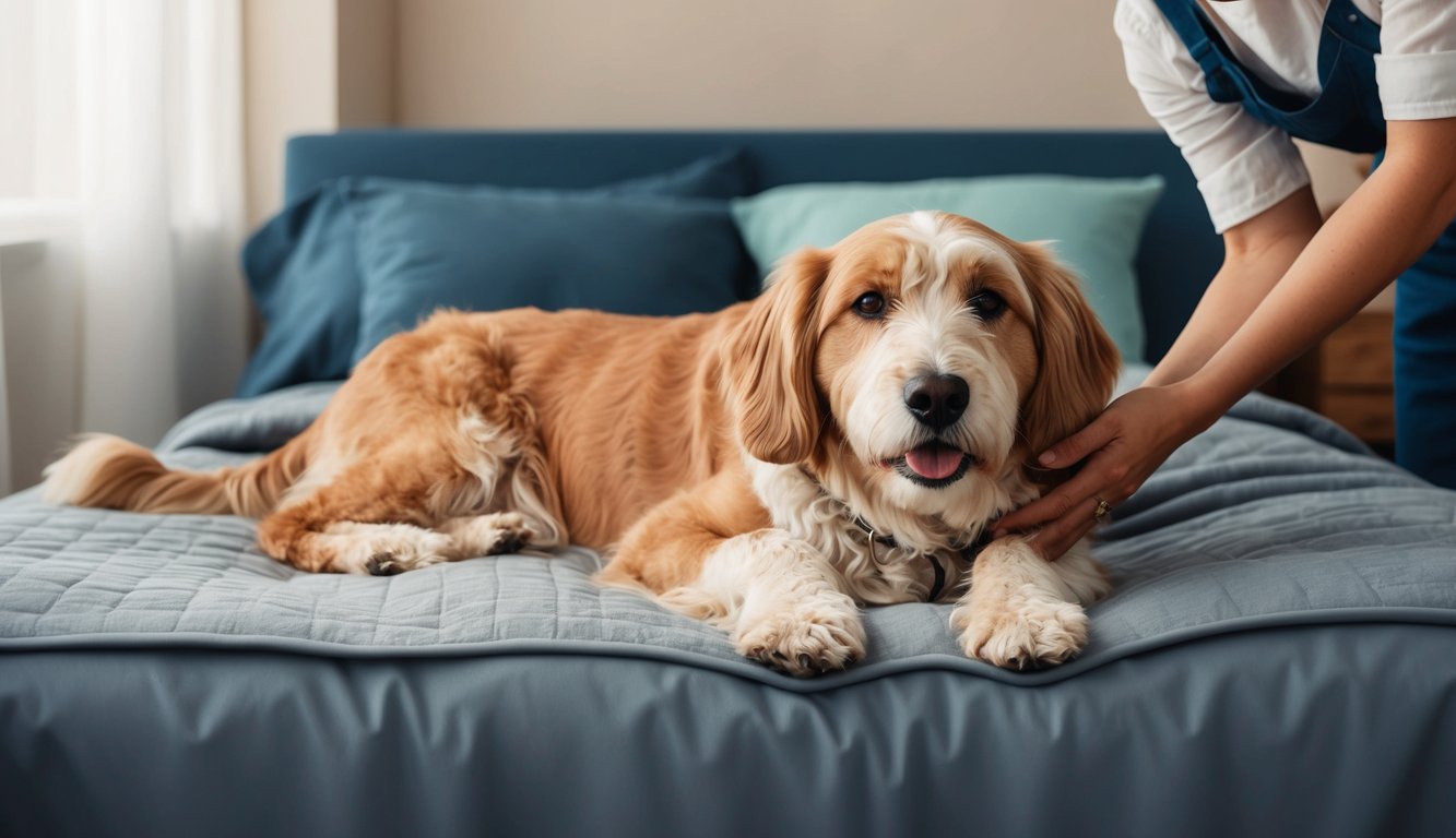 Golden-brown dog on a bed being petted by a person