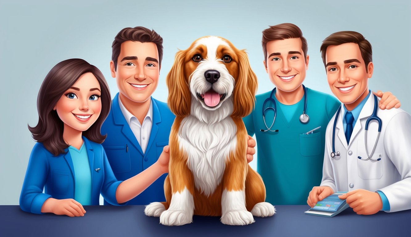 A content senior dog with a shiny coat and bright eyes, surrounded by a loving family and a veterinarian, all smiling and happy