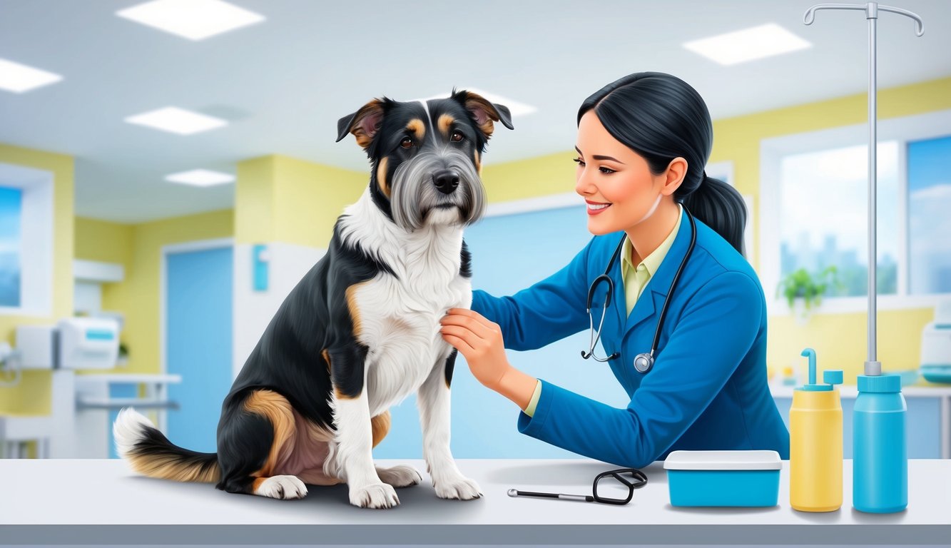 A senior dog with a gray muzzle sits contentedly while being examined by a veterinarian in a bright, modern animal hospital