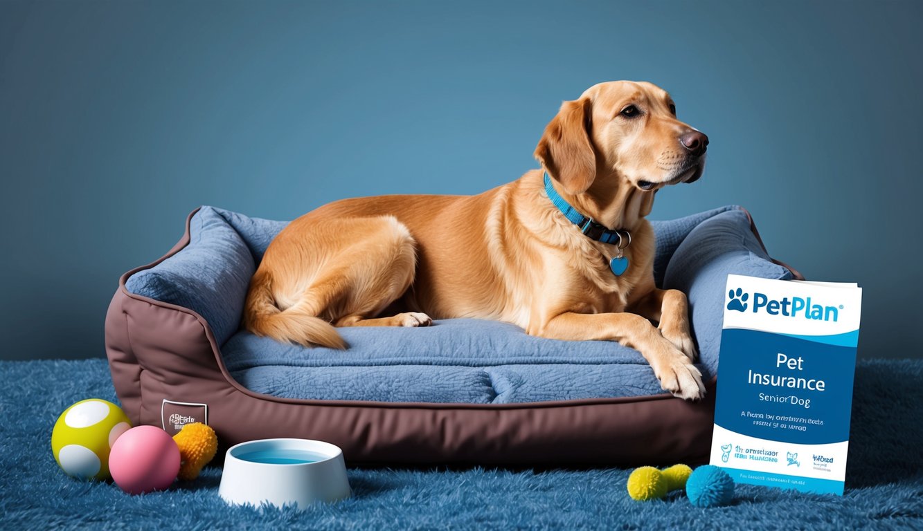 A content senior dog lounging comfortably on a plush bed, surrounded by toys and a bowl of water, with a Petplan Pet Insurance pamphlet nearby