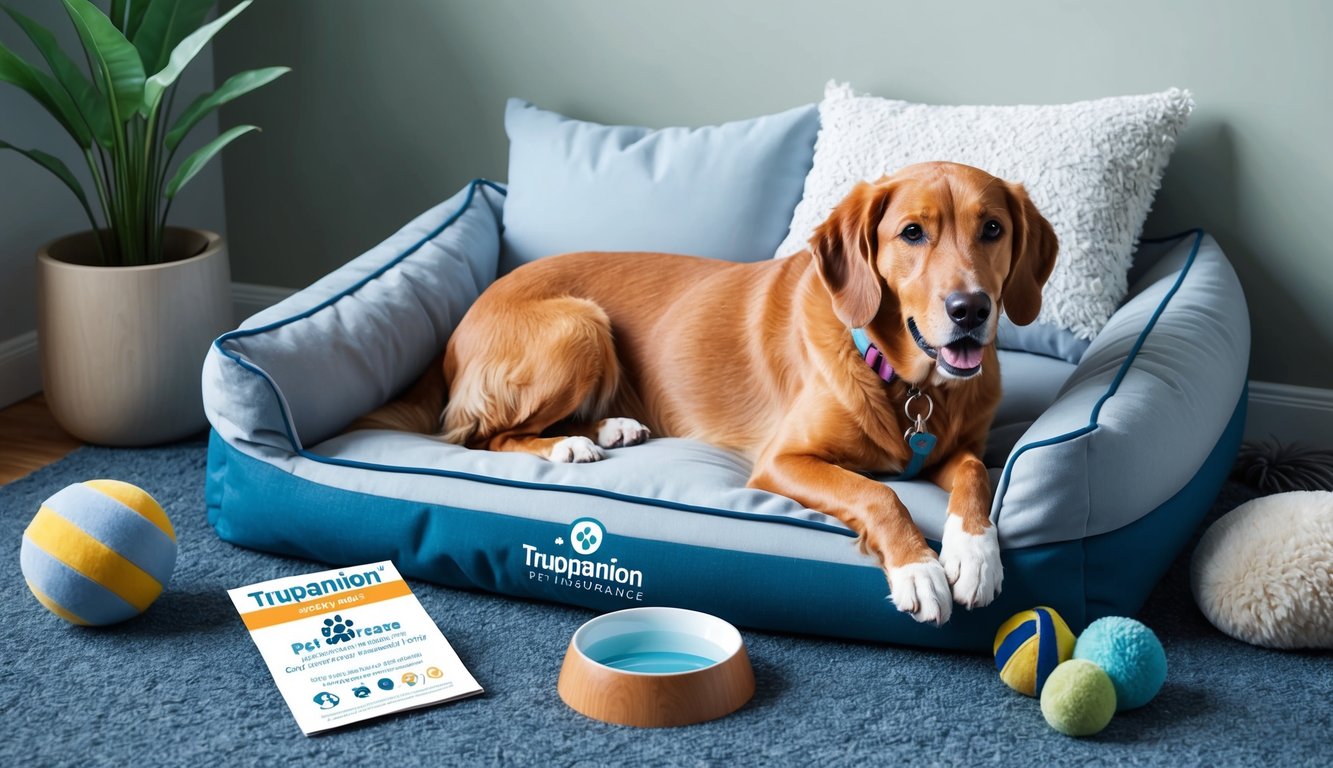 A content senior dog lying on a cozy bed, surrounded by comforting toys and a bowl of water, with a Trupanion Pet Insurance pamphlet nearby