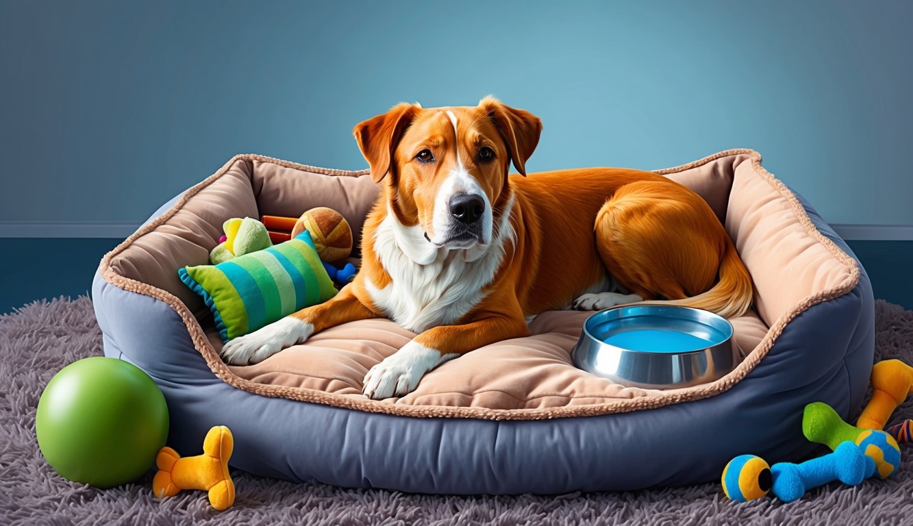 A senior dog lying comfortably on a plush bed, surrounded by their favorite toys and a bowl of water, with a peaceful expression on their face