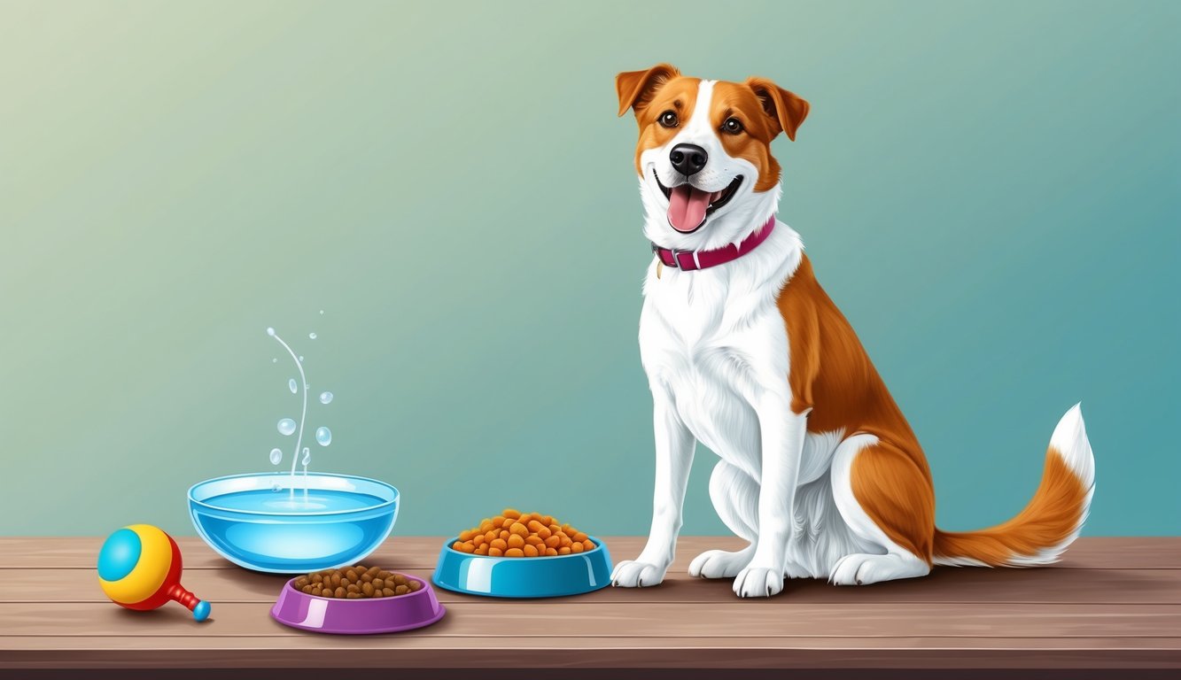 A happy dog with a wagging tail sits next to a bowl of food and a water dish, with a toy nearby