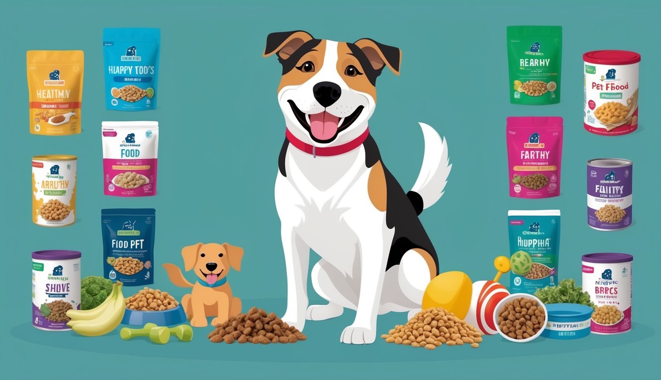 A happy dog with a wagging tail, surrounded by a variety of healthy pet food and toys