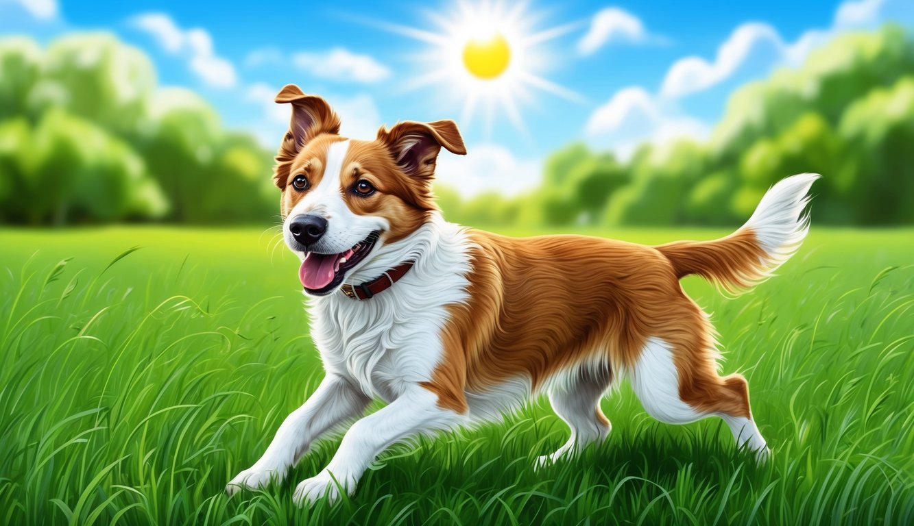 A happy dog playing in a lush green field, with a bright blue sky and a shining sun overhead