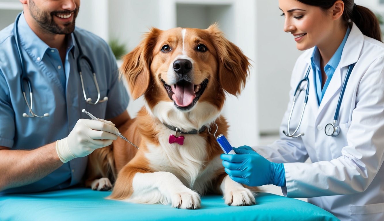 A happy dog with a wagging tail receiving medical care from a veterinarian