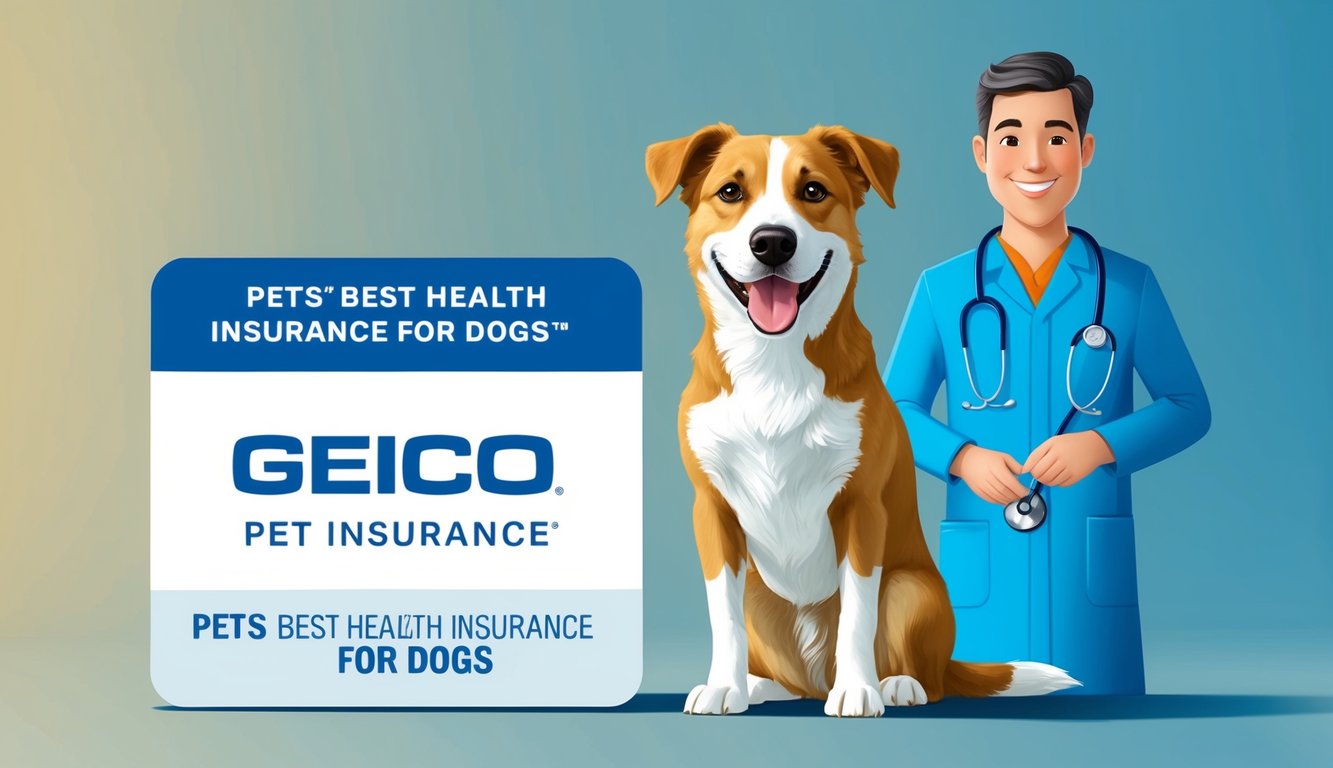 A happy dog with a wagging tail stands next to a GEICO Pet Insurance logo, while a veterinarian holds a stethoscope, symbolizing Pets Best health insurance for dogs