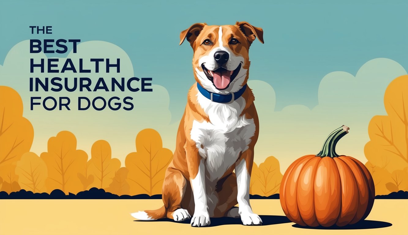 A happy dog with a wagging tail sits next to a pumpkin, representing the best health insurance for dogs