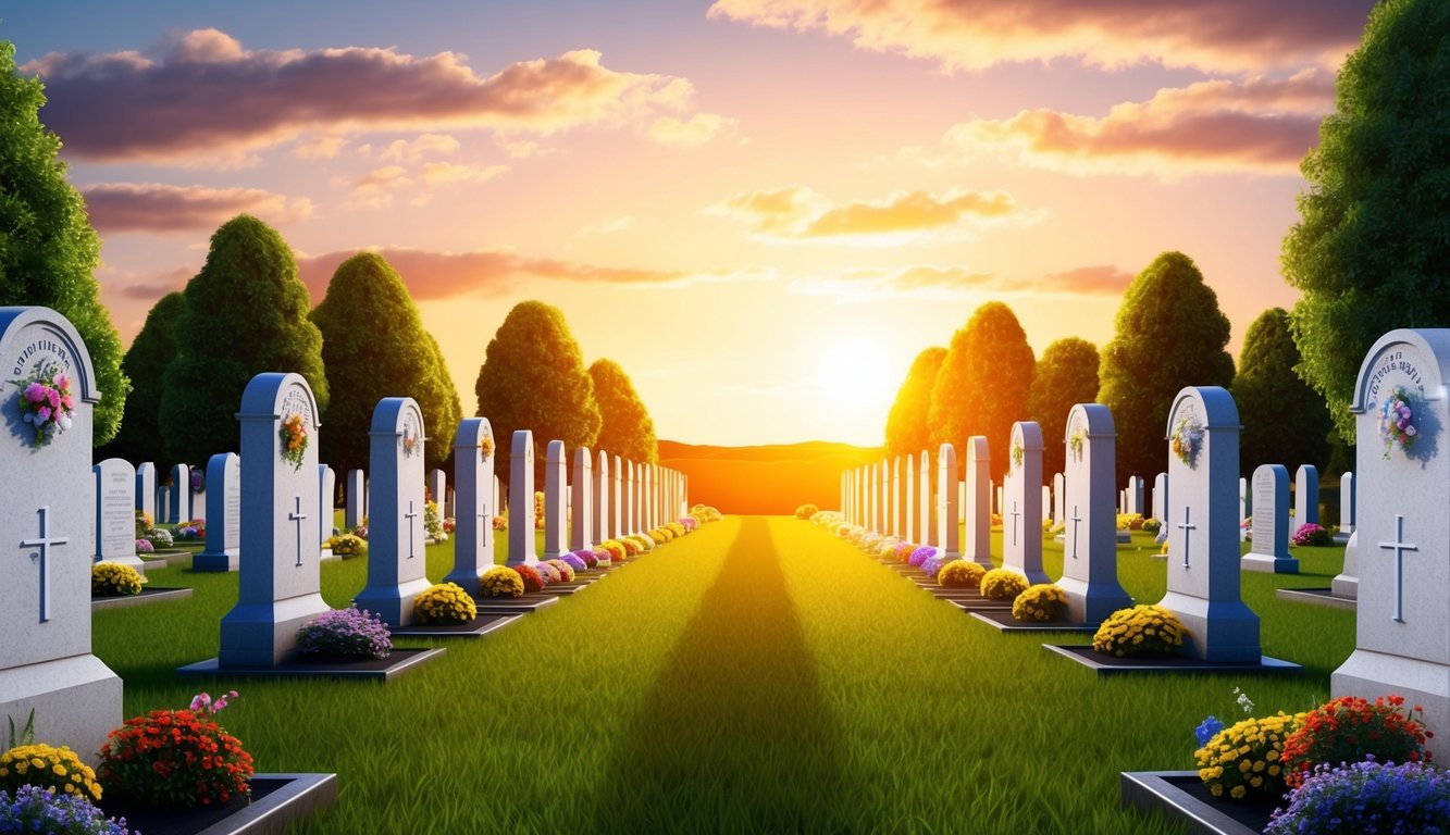 Cemetery with rows of tombstones, flowers, and a sunset in the background