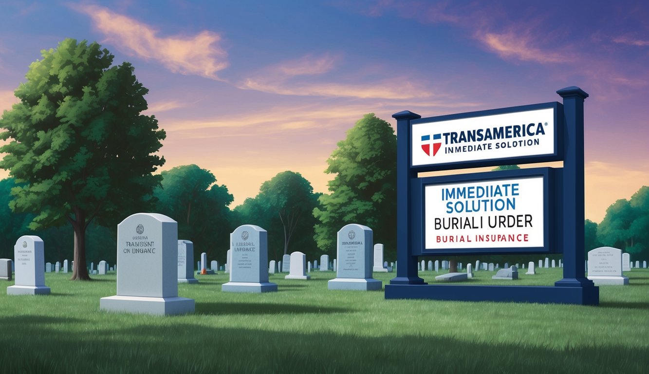 A tranquil cemetery with a prominent Transamerica Immediate Solution burial insurance sign