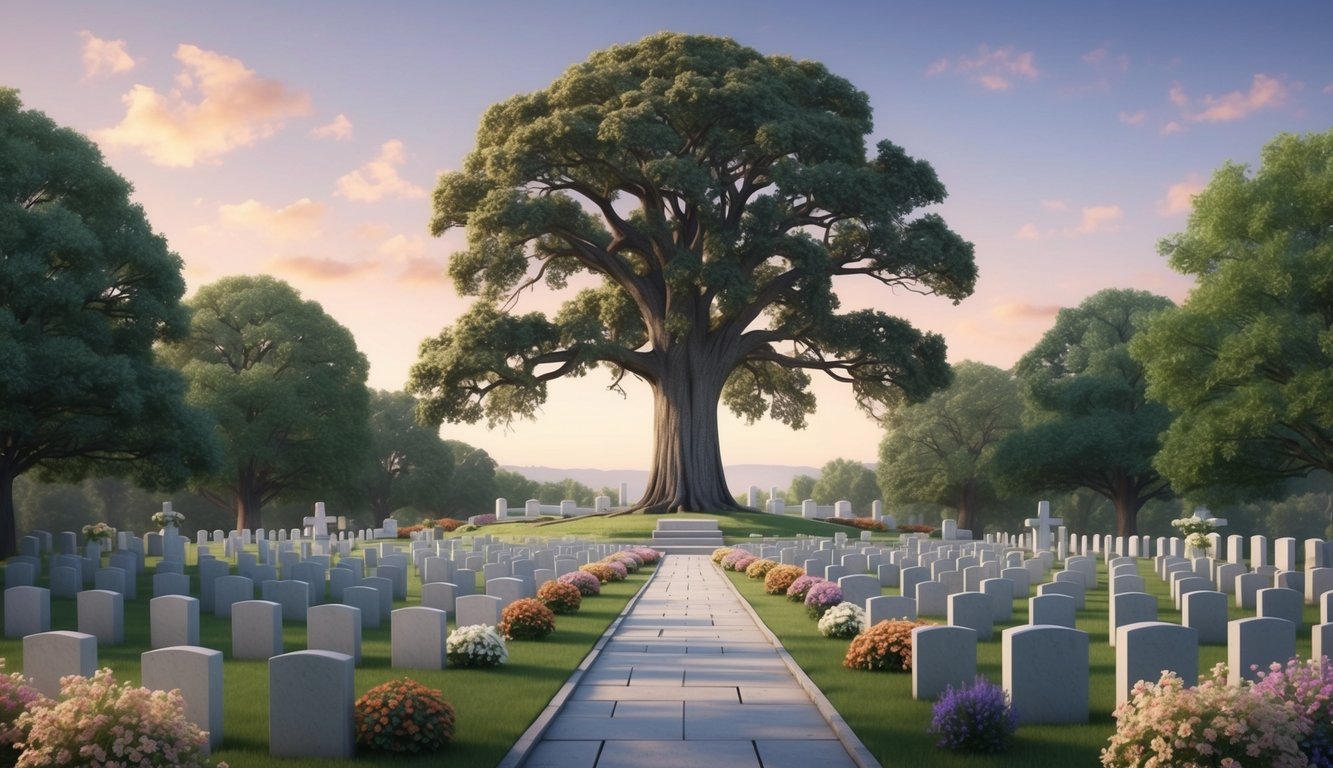 A serene cemetery with a grand, ancient oak tree standing tall in the center, surrounded by rows of headstones and colorful flowers