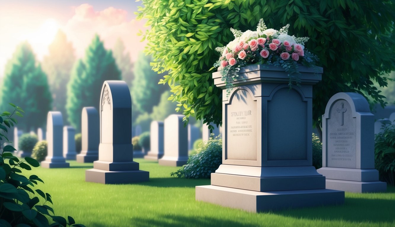 A serene cemetery with a peaceful atmosphere, featuring a gravestone adorned with flowers and surrounded by lush greenery