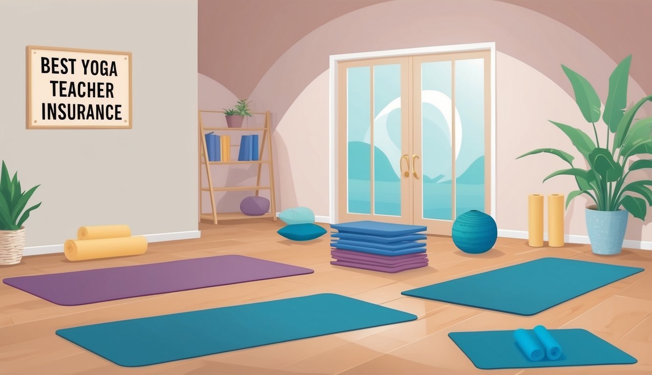 Yoga studio interior with mats, plants, and "Best Yoga Teacher Insurance" sign