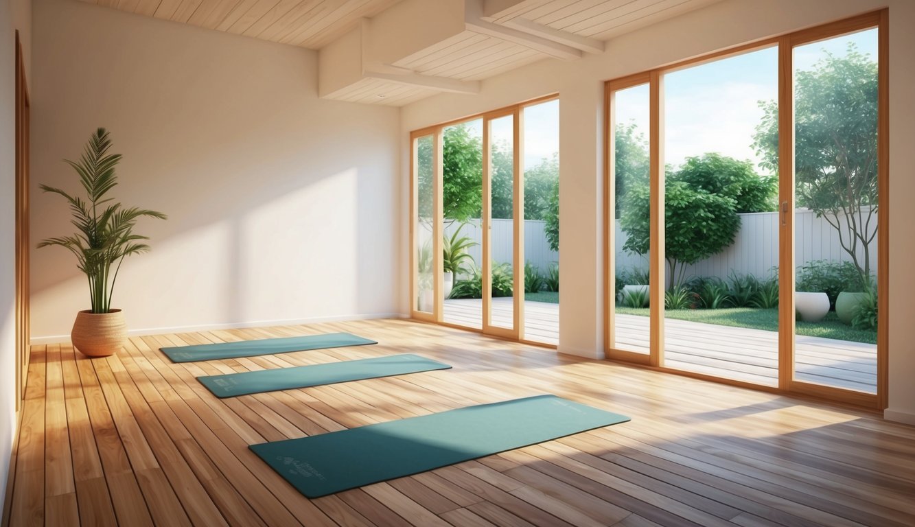 A serene yoga studio with soft lighting, bamboo floors, and a wall of windows looking out onto a peaceful garden