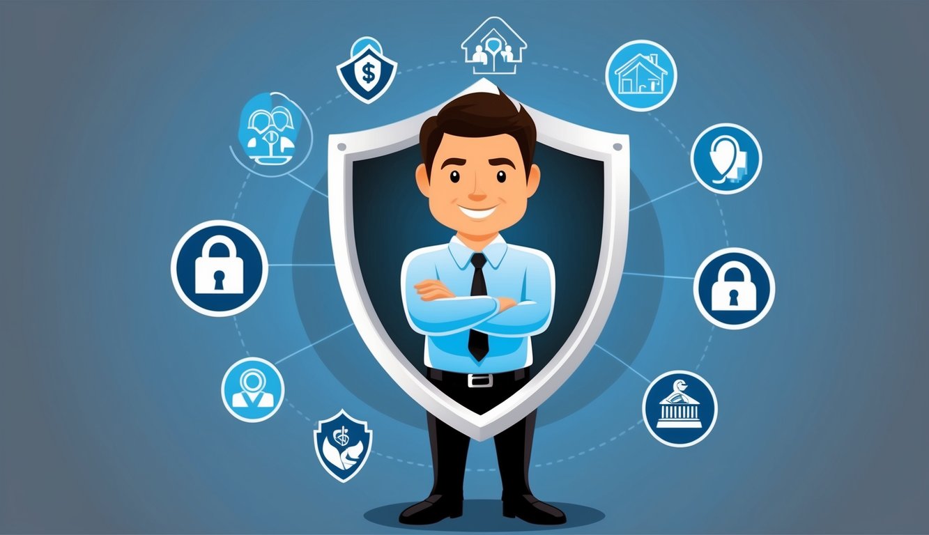 Man in front of shield with security icons, representing protection and insurance
